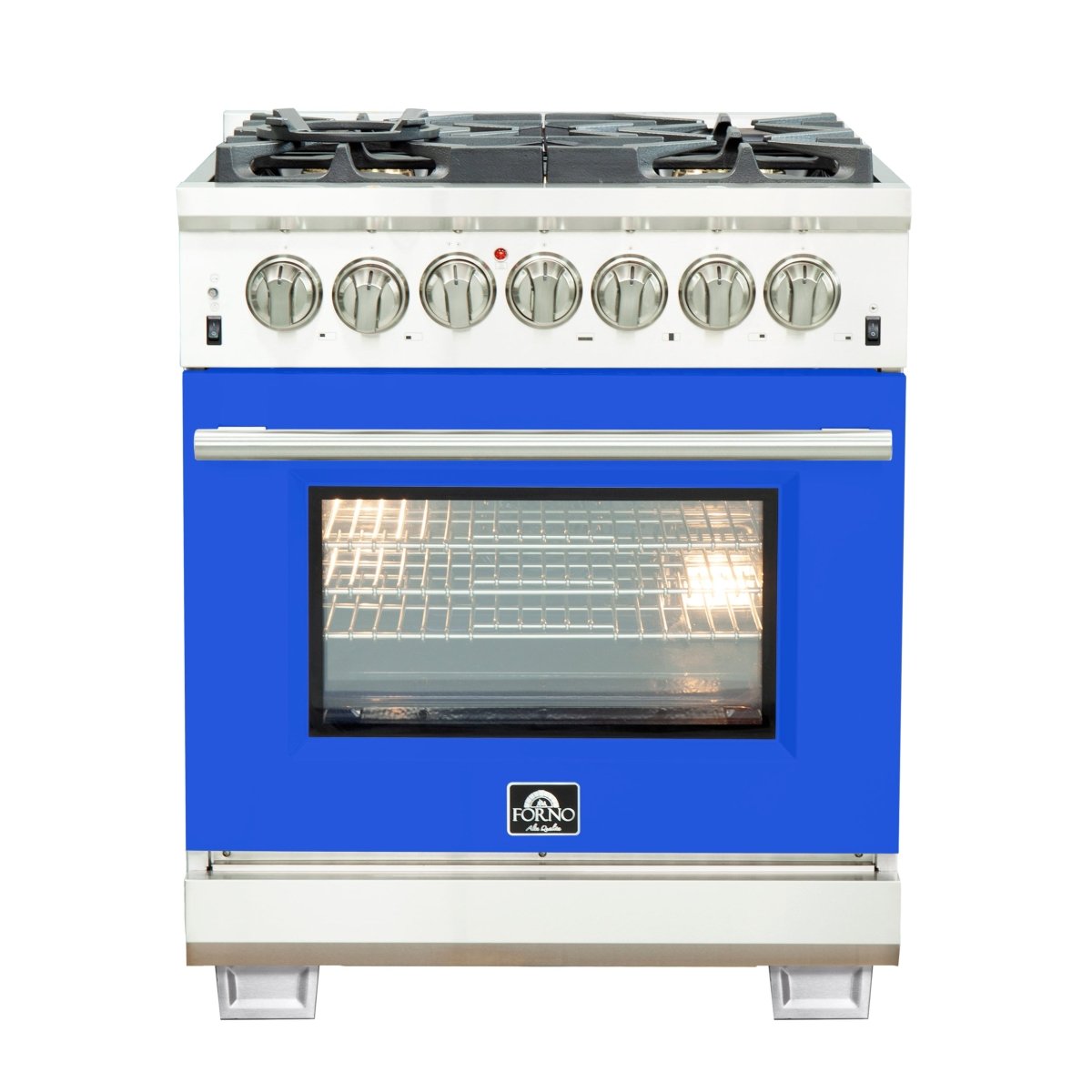 Forno Capriasca 30-Inch Freestanding Dual Fuel Range, 4 Burners, True Convection Oven, Blue Door - BonPrix Électroménagers