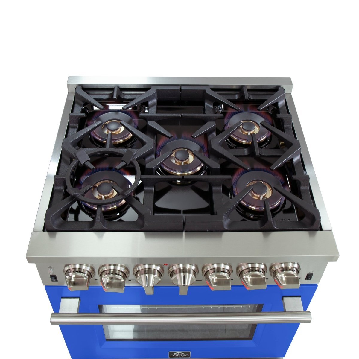 Forno Capriasca 30-Inch Freestanding Dual Fuel Range, 4 Burners, True Convection Oven, Blue Door - BonPrix Électroménagers