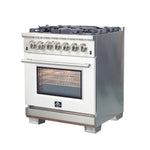 Forno Capriasca 30-Inch Freestanding Dual Fuel Range, 4 Burners, True Convection Oven, White Door - BonPrix Électroménagers