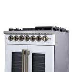 Forno Capriasca 30-Inch Freestanding French Door Dual Fuel Range in White with Antique Brass Accessories, 5 Burners, True Convection Oven - BonPrix Électroménagers