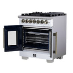 Forno Capriasca 30-Inch Freestanding French Door Dual Fuel Range in White with Antique Brass Accessories, 5 Burners, True Convection Oven - BonPrix Électroménagers