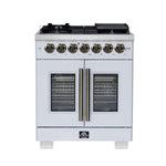 Forno Capriasca 30-Inch Freestanding French Door Dual Fuel Range in White with Antique Brass Accessories, 5 Burners, True Convection Oven - BonPrix Électroménagers