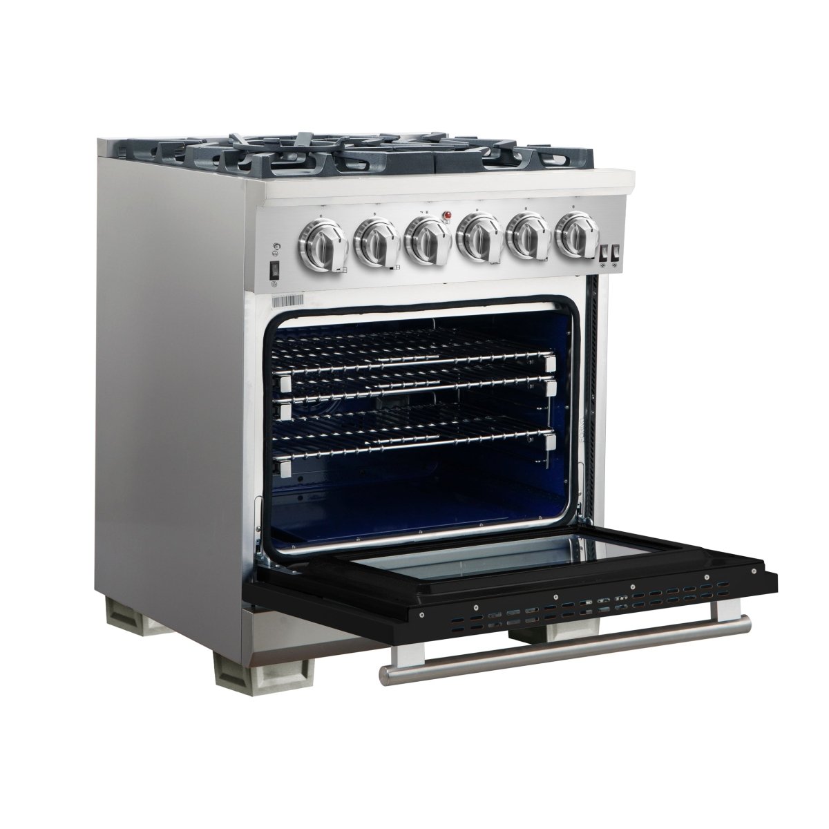 Forno Capriasca 30-Inch Freestanding Gas Range, 4 Burners, True Convection Oven, Black Door - BonPrix Électroménagers