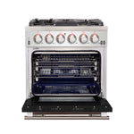 Forno Capriasca 30-Inch Freestanding Gas Range, 4 Burners, True Convection Oven, Black Door - BonPrix Électroménagers