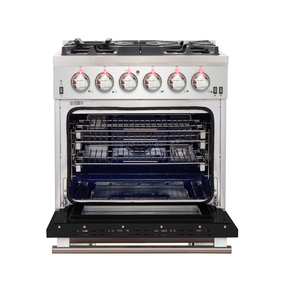 Forno Capriasca 30-Inch Freestanding Gas Range, 4 Burners, True Convection Oven, Black Door - BonPrix Électroménagers