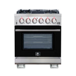 Forno Capriasca 30-Inch Freestanding Gas Range, 4 Burners, True Convection Oven, Black Door - BonPrix Électroménagers