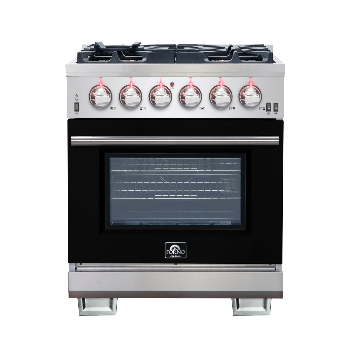 Forno Capriasca 30-Inch Freestanding Gas Range, 4 Burners, True Convection Oven, Black Door - BonPrix Électroménagers