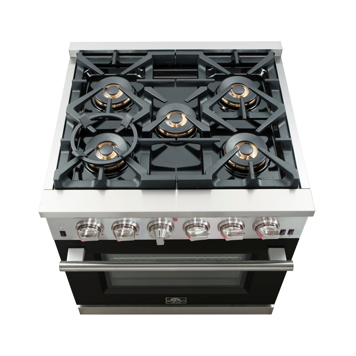 Forno Capriasca 30-Inch Freestanding Gas Range, 4 Burners, True Convection Oven, Black Door - BonPrix Électroménagers
