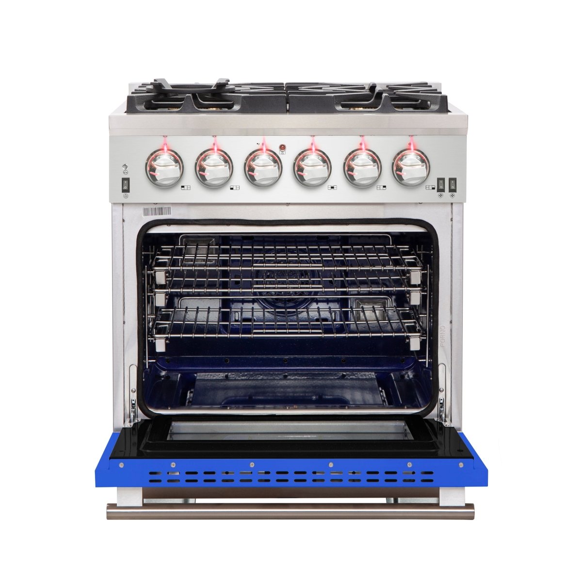 Forno Capriasca 30-Inch Freestanding Gas Range, 4 Burners, True Convection Oven, Blue Door - BonPrix Électroménagers