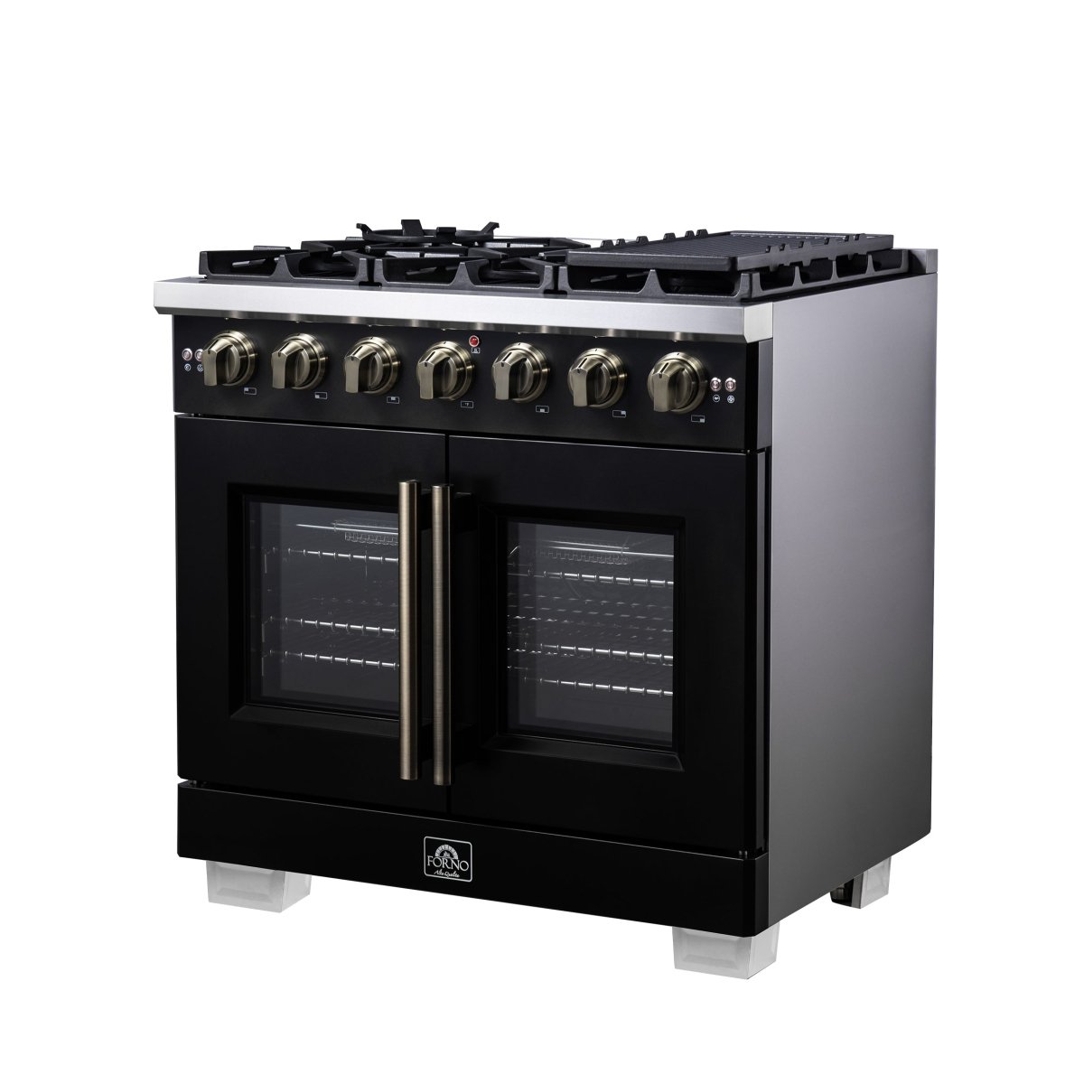 Forno Capriasca 36-Inch Black Freestanding French Door Gas Range, 6 Burners, Convection Oven, Energy Efficient - BonPrix Électroménagers