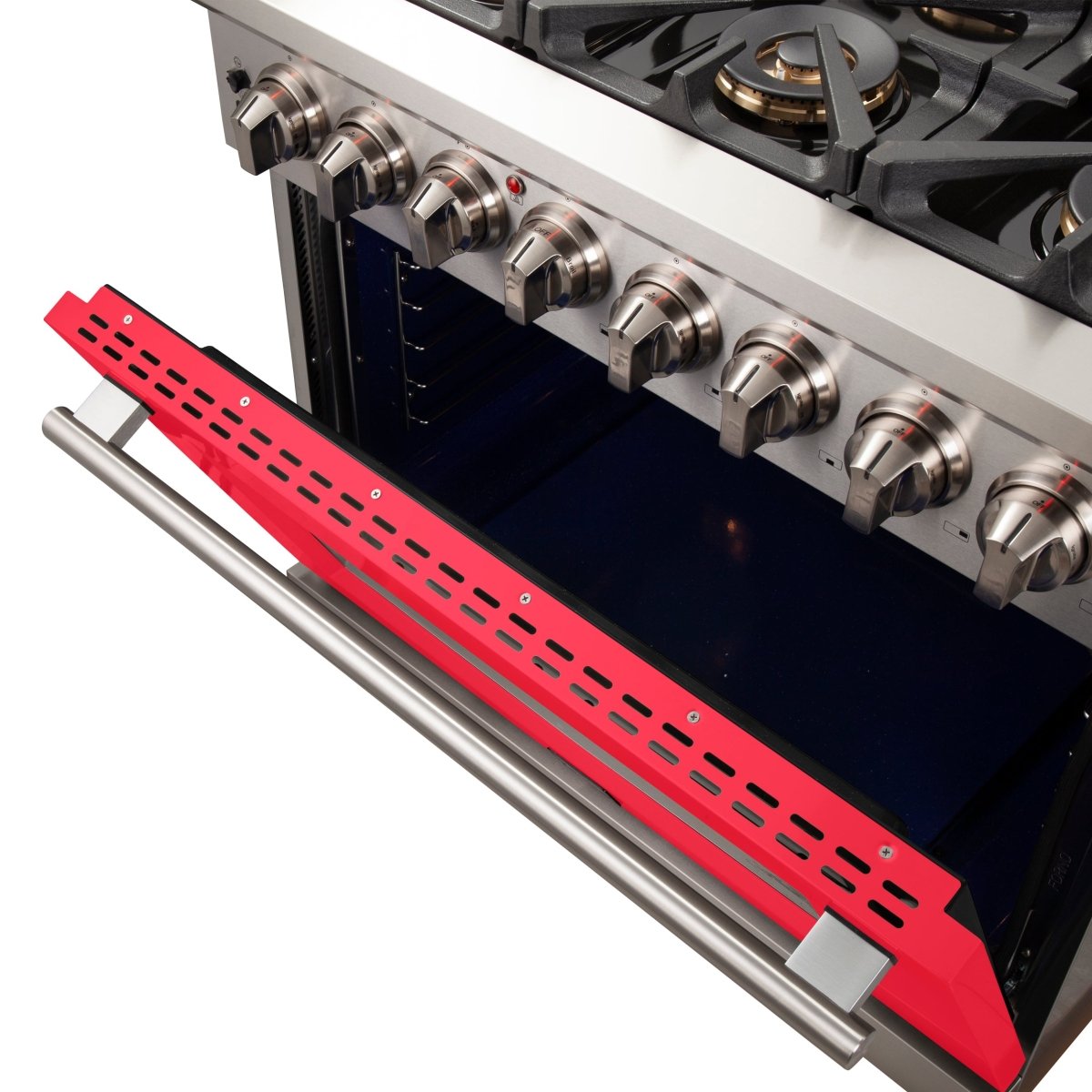 Forno Capriasca 36-Inch Freestanding Dual Fuel Range, 6 Burners, True Convection Oven, Red Door - BonPrix Électroménagers