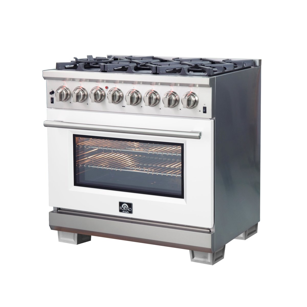 Forno Capriasca 36-Inch Freestanding Dual Fuel Range, 6 Burners, True Convection Oven, White Door - BonPrix Électroménagers