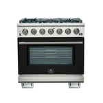 Forno Capriasca 36-Inch Gas Range, Stainless Steel, 6 Brass Burners, 120,000 BTU, Convection Oven, Energy Efficient, Black door - BonPrix Électroménagers