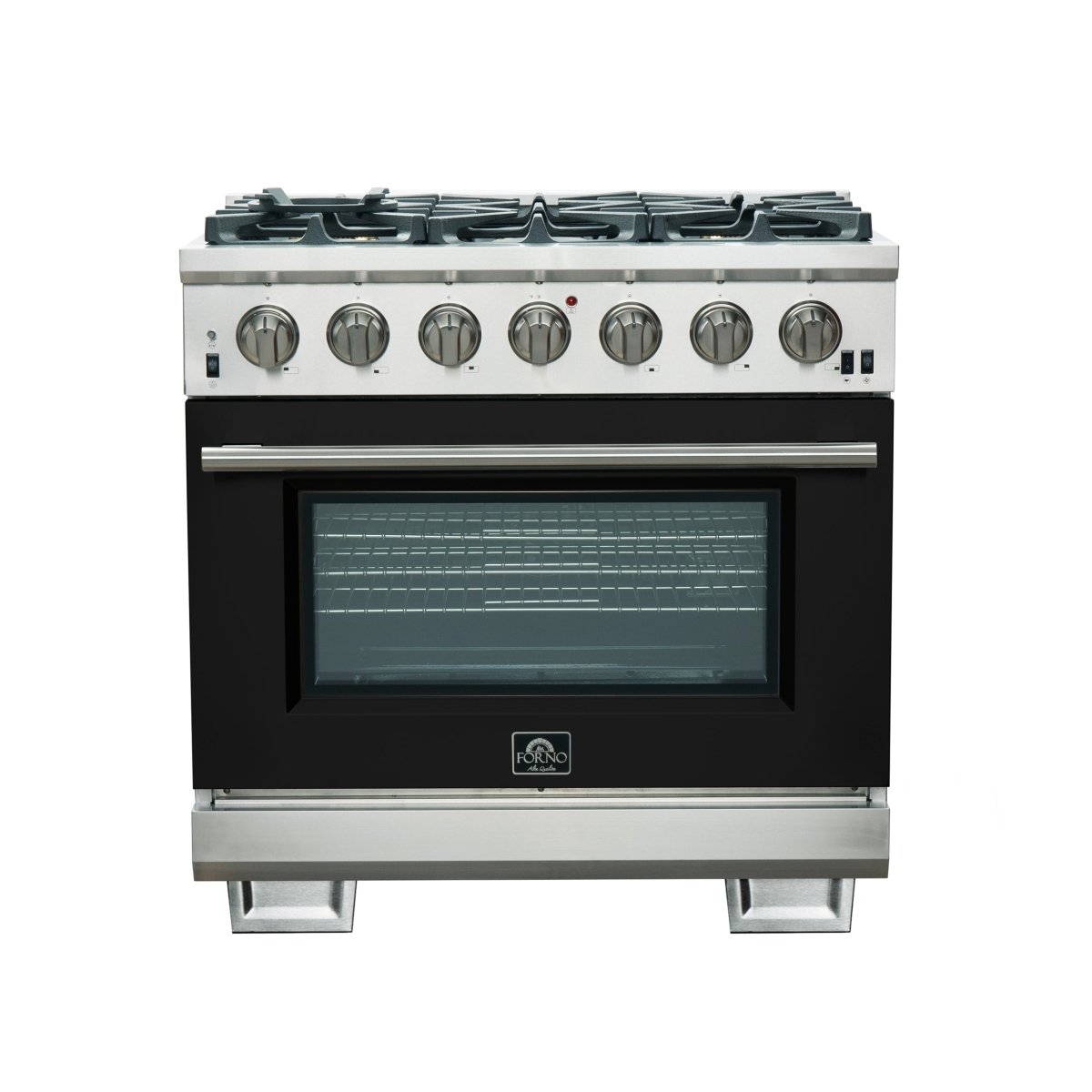 Forno Capriasca 36-Inch Gas Range, Stainless Steel, 6 Brass Burners, 120,000 BTU, Convection Oven, Energy Efficient, Black door - BonPrix Électroménagers