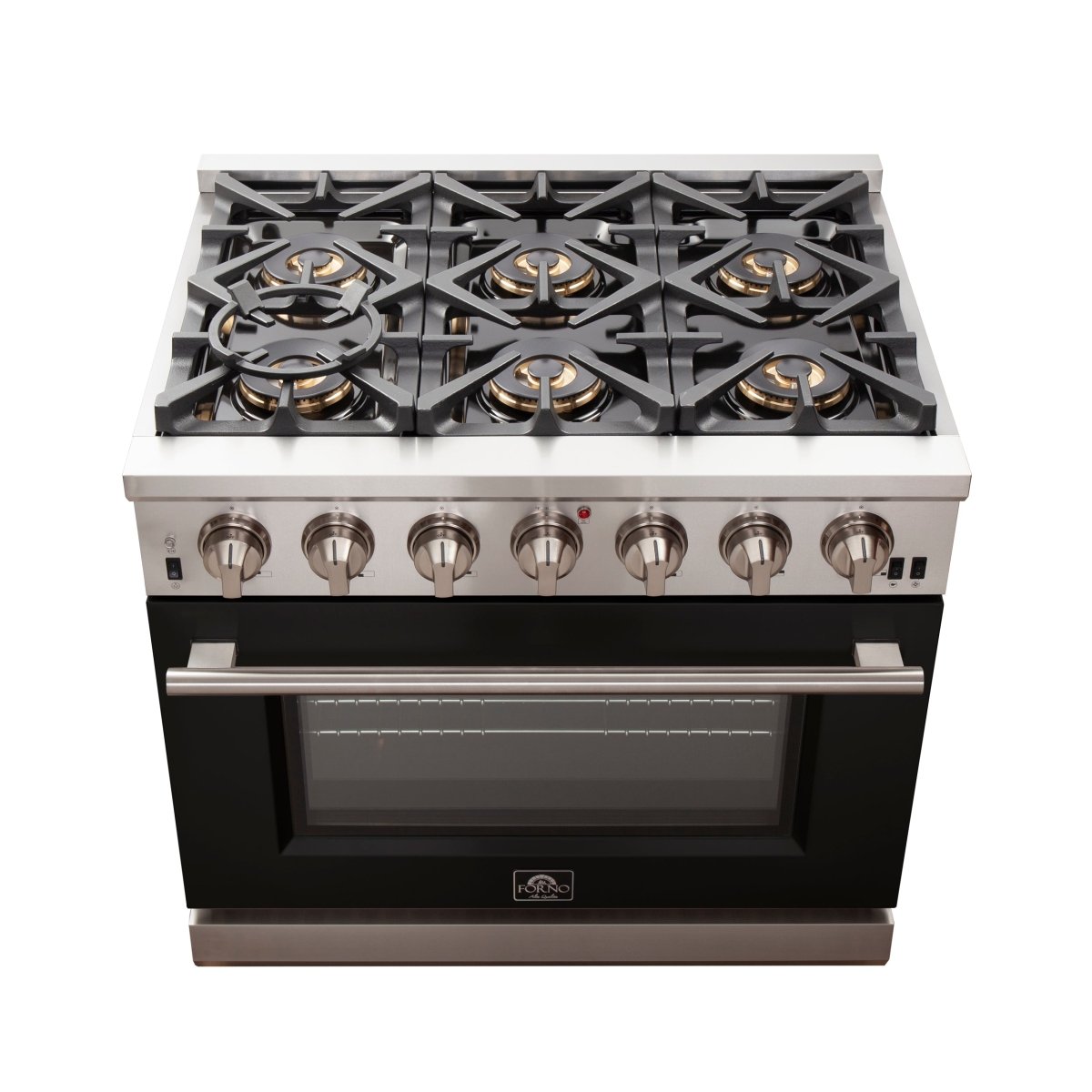 Forno Capriasca 36-Inch Gas Range, Stainless Steel, 6 Brass Burners, 120,000 BTU, Convection Oven, Energy Efficient, Black door - BonPrix Électroménagers
