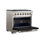 Forno Capriasca 36-Inch Gas Range, Stainless Steel, 6 Brass Burners, 120,000 BTU, Convection Oven, Energy Efficient, Black door - BonPrix Électroménagers