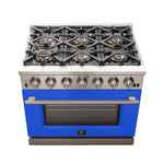 Forno Capriasca 36-Inch Gas Range, Stainless Steel, 6 Brass Burners, 120,000 BTU, Convection Oven, Energy Efficient, Blue Door - BonPrix Électroménagers