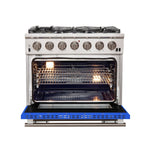 Forno Capriasca 36-Inch Gas Range, Stainless Steel, 6 Brass Burners, 120,000 BTU, Convection Oven, Energy Efficient, Blue Door - BonPrix Électroménagers