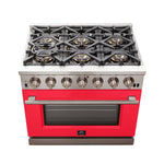Forno Capriasca 36-Inch Gas Range, Stainless Steel, 6 Brass Burners, 120,000 BTU, Convection Oven, Energy Efficient, Red Door - BonPrix Électroménagers