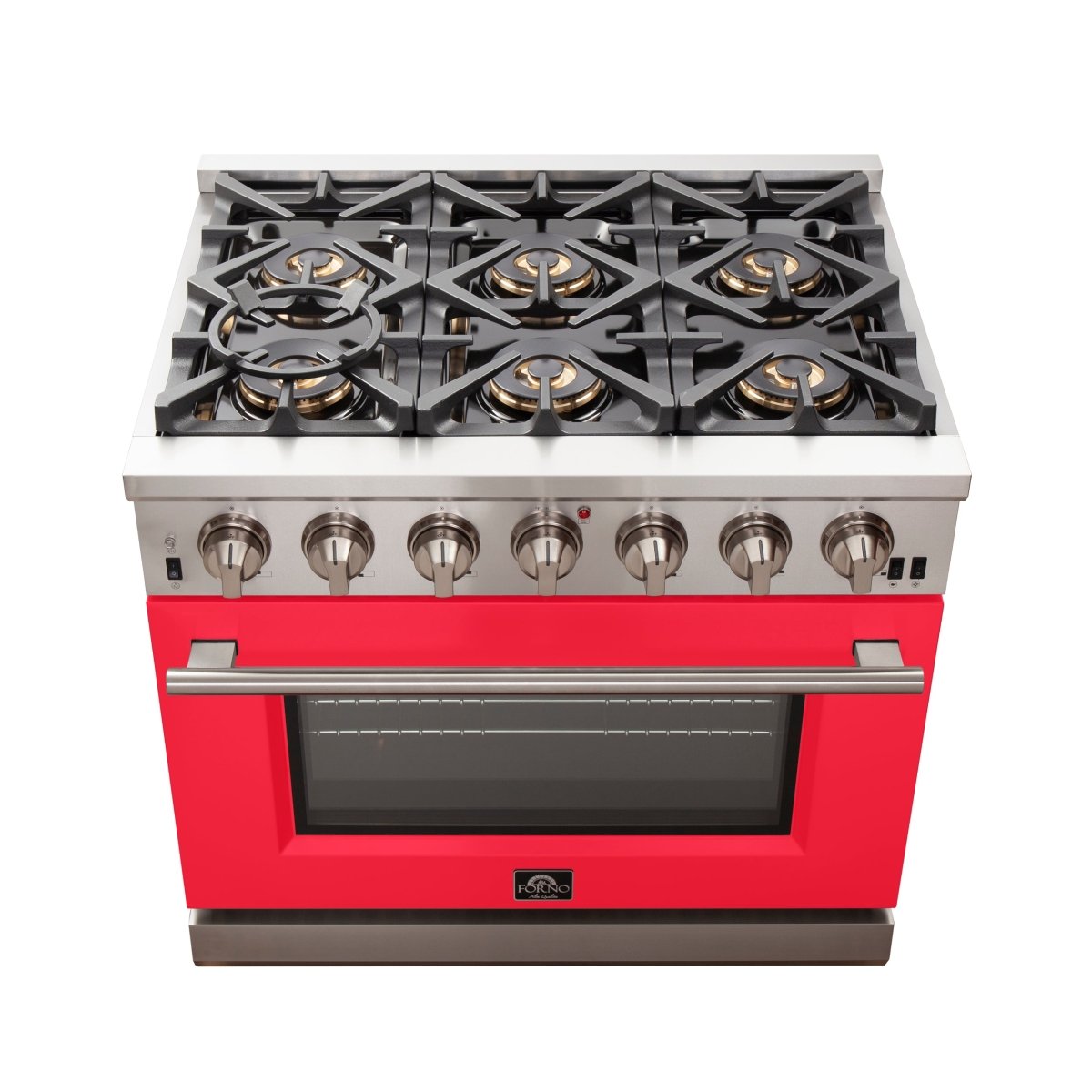 Forno Capriasca 36-Inch Gas Range, Stainless Steel, 6 Brass Burners, 120,000 BTU, Convection Oven, Energy Efficient, Red Door - BonPrix Électroménagers