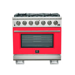 Forno Capriasca 36-Inch Gas Range, Stainless Steel, 6 Brass Burners, 120,000 BTU, Convection Oven, Energy Efficient, Red Door - BonPrix Électroménagers