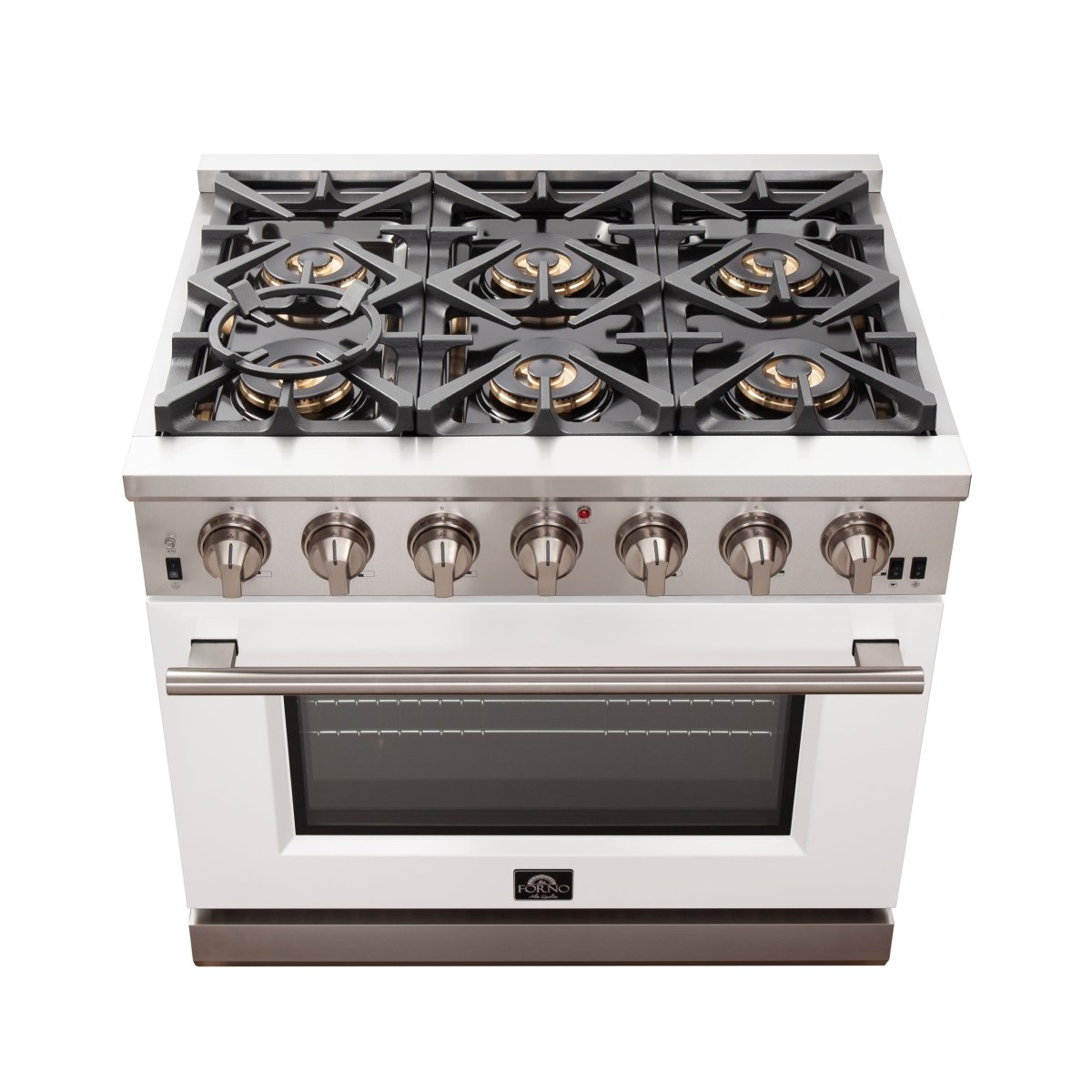 Forno Capriasca 36-Inch Gas Range, Stainless Steel, 6 Brass Burners, 120,000 BTU, Convection Oven, Energy Efficient, White Door - BonPrix Électroménagers