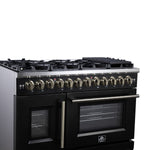 Forno Capriasca 48 Inch Freestanding French Door Dual Fuel Range in Black with Antique Brass Accessories, 8 Burners, True Convection Oven - BonPrix Électroménagers