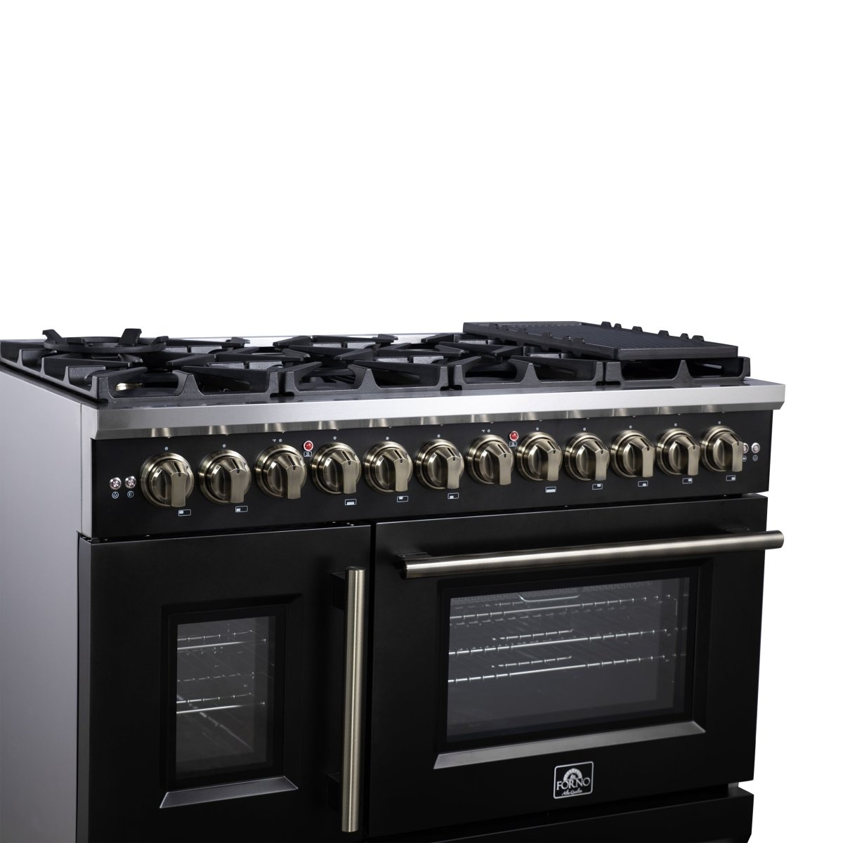 Forno Capriasca 48 Inch Freestanding French Door Dual Fuel Range in Black with Antique Brass Accessories, 8 Burners, True Convection Oven - BonPrix Électroménagers