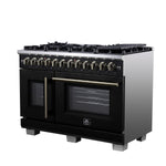 Forno Capriasca 48 Inch Freestanding French Door Dual Fuel Range in Black with Antique Brass Accessories, 8 Burners, True Convection Oven - BonPrix Électroménagers