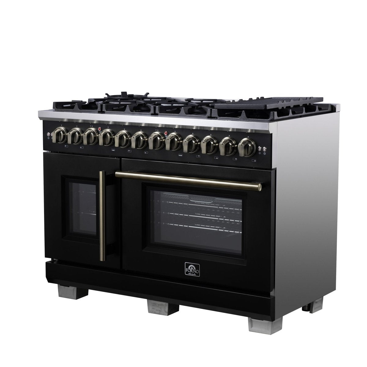 Forno Capriasca 48 Inch Freestanding French Door Dual Fuel Range in Black with Antique Brass Accessories, 8 Burners, True Convection Oven - BonPrix Électroménagers