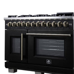 Forno Capriasca 48 Inch Freestanding French Door Dual Fuel Range in Black with Antique Brass Accessories, 8 Burners, True Convection Oven - BonPrix Électroménagers