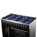 Forno Capriasca 48 Inch Freestanding French Door Dual Fuel Range in Black with Antique Brass Accessories, 8 Burners, True Convection Oven - BonPrix Électroménagers