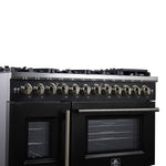 Forno Capriasca 48 Inch Freestanding French Door Dual Fuel Range in Black with Antique Brass Accessories, 8 Burners, True Convection Oven - BonPrix Électroménagers