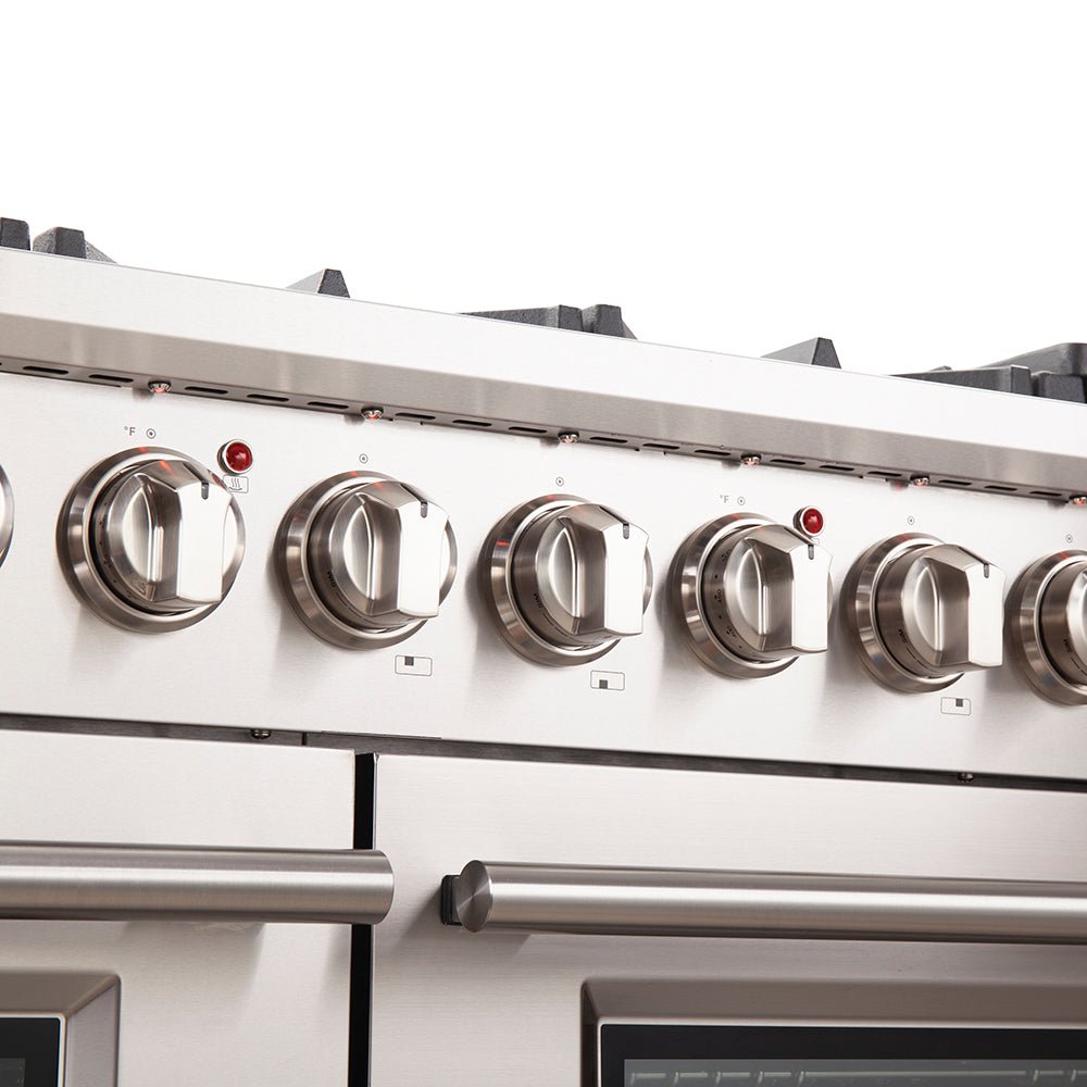 FORNO Capriasca 48-inch Gas Range Stainless Steel, 8 Brass Burners 160,000 BTU, 6.58 cu.ft. Double Oven - BonPrix Électroménagers
