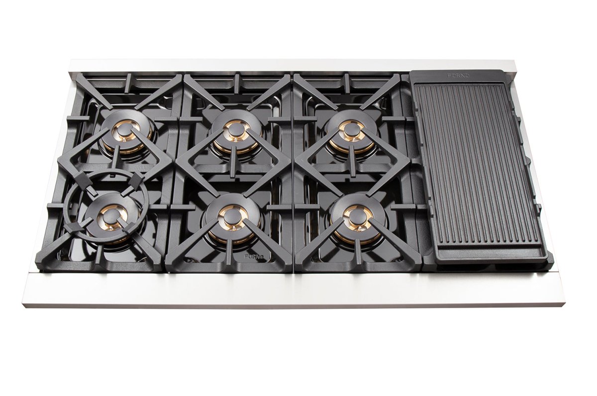 FORNO Capriasca 48-inch Gas Range Stainless Steel, 8 Brass Burners 160,000 BTU, 6.58 cu.ft. Double Oven - BonPrix Électroménagers