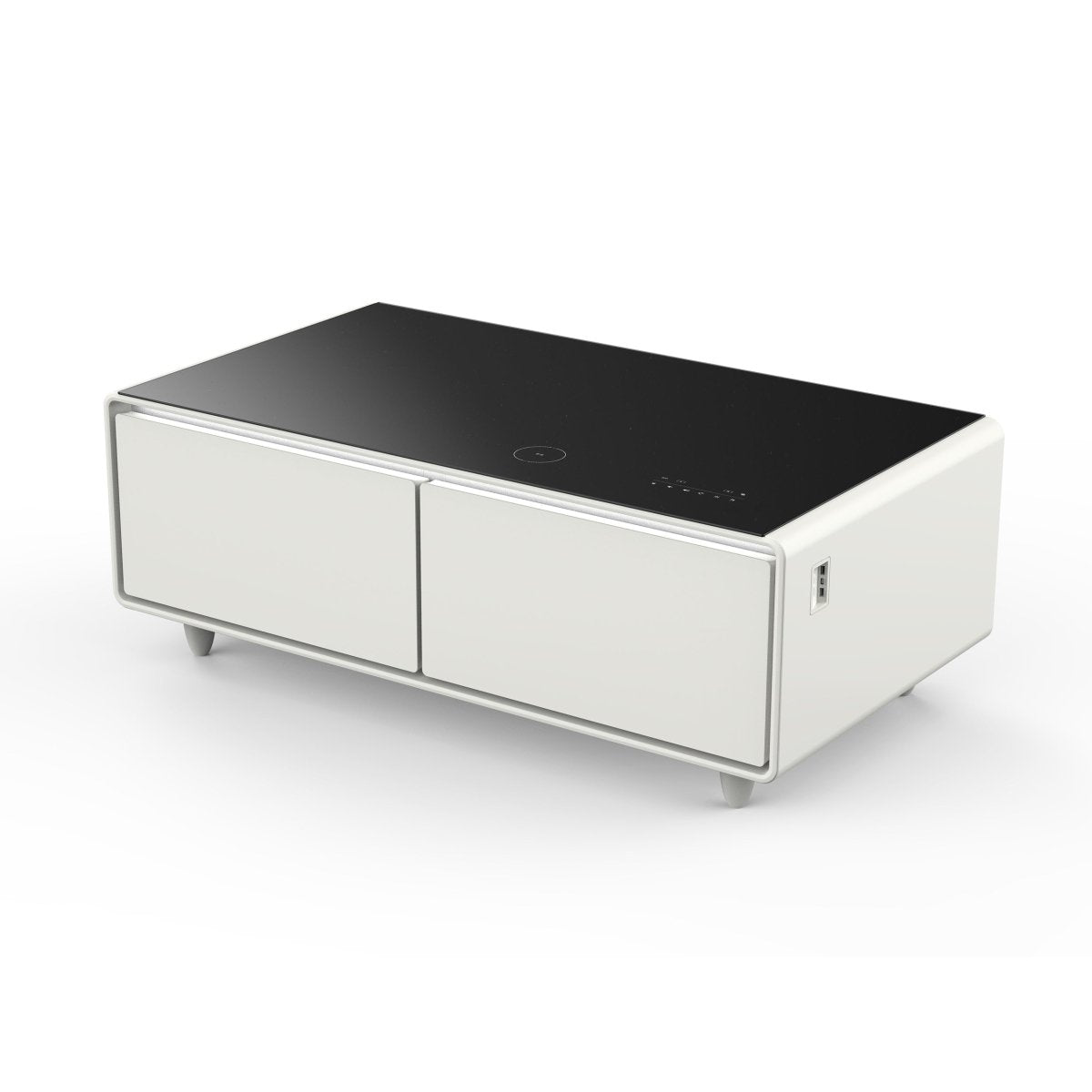 Forno Evoluto Tavolo 51-Inch White Smart Coffee Table – Dual Refrigerator Drawers, Bluetooth 5.0 Audio, Wireless Charging & RGB Ambient Light - BonPrix Électroménagers