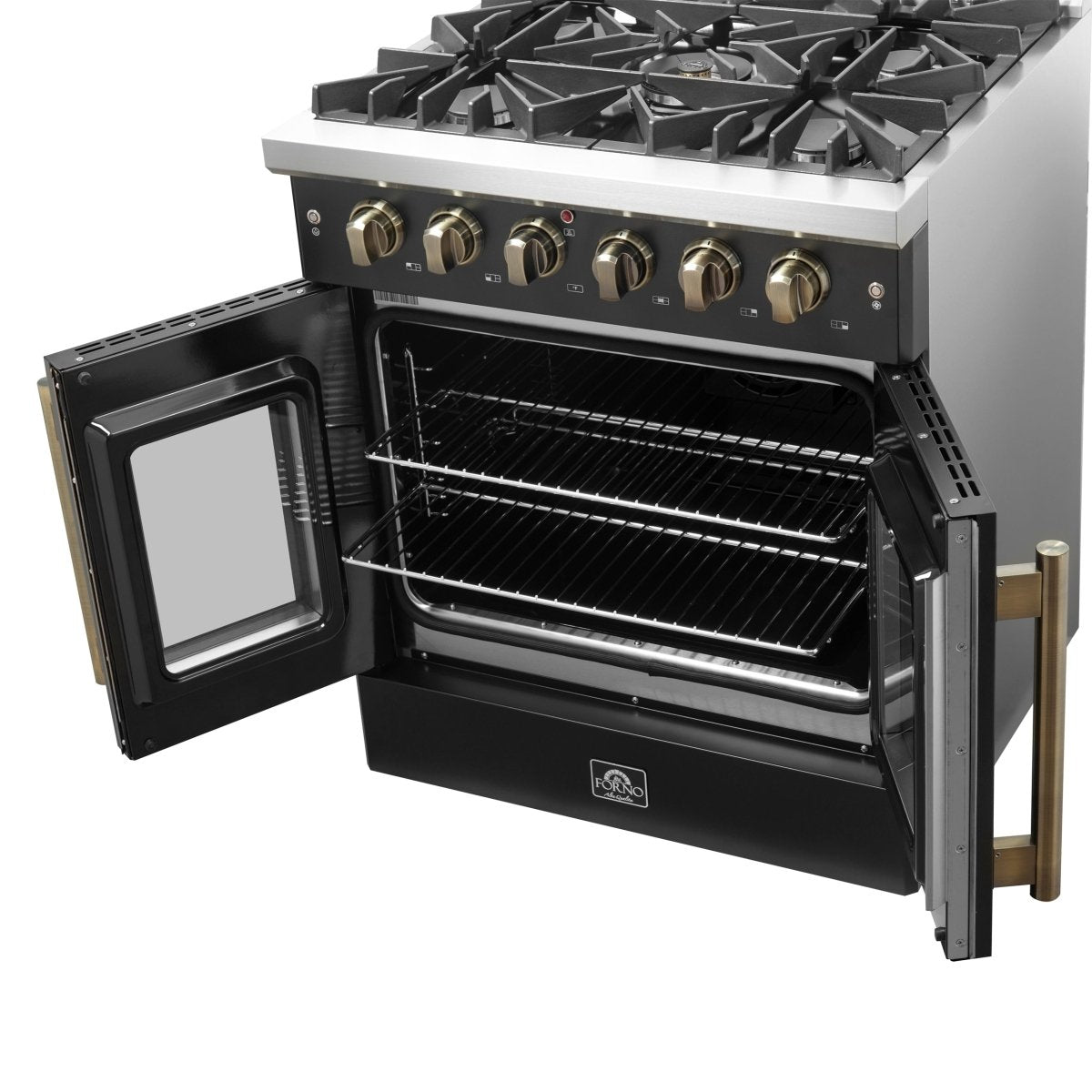 Forno Galiano 30-inch French Door Gas Range Black and Antique Brass Design, 5 Sealed Burners 68,000 BTU, 4.32 cu.ft. Convection Oven - BonPrix Électroménagers