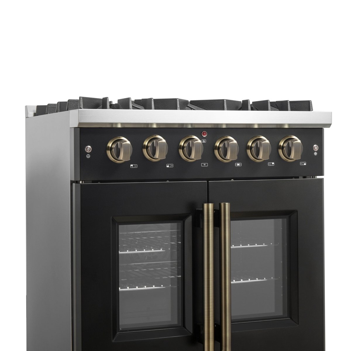 Forno Galiano 30-inch French Door Gas Range Black and Antique Brass Design, 5 Sealed Burners 68,000 BTU, 4.32 cu.ft. Convection Oven - BonPrix Électroménagers