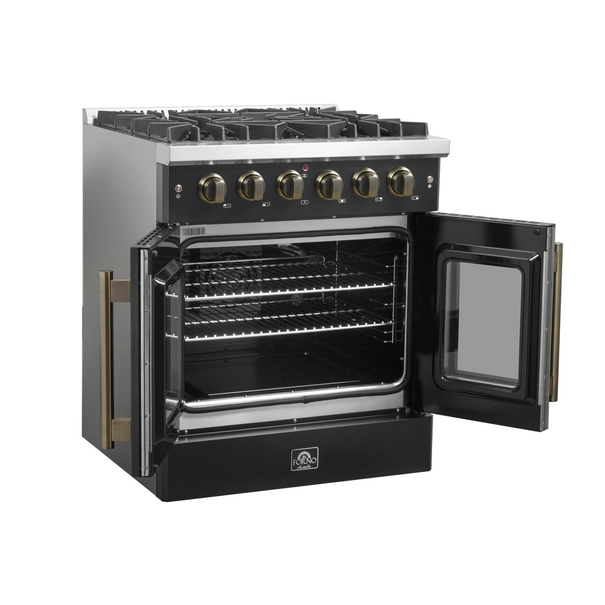 Forno Galiano 30-inch French Door Gas Range Black and Antique Brass Design, 5 Sealed Burners 68,000 BTU, 4.32 cu.ft. Convection Oven - BonPrix Électroménagers