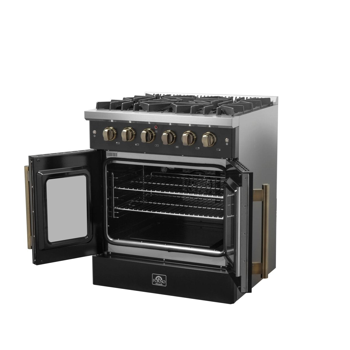 Forno Galiano 30-inch French Door Gas Range Black and Antique Brass Design, 5 Sealed Burners 68,000 BTU, 4.32 cu.ft. Convection Oven - BonPrix Électroménagers