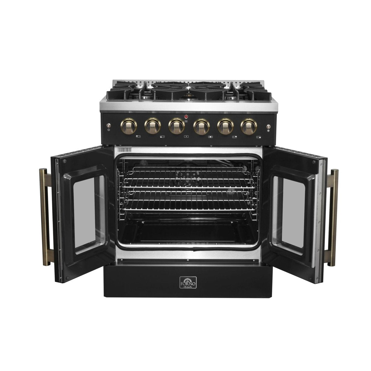 Forno Galiano 30-inch French Door Gas Range Black and Antique Brass Design, 5 Sealed Burners 68,000 BTU, 4.32 cu.ft. Convection Oven - BonPrix Électroménagers