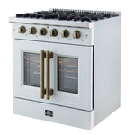 Forno Galiano 30-inch French Door Gas Range White with Antique Brass Design, 5 Burners, 68,000 BTU, 4.32 cu.ft. Convection Oven - BonPrix Électroménagers