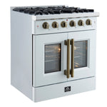 Forno Galiano 30-inch French Door Gas Range White with Antique Brass Design, 5 Burners, 68,000 BTU, 4.32 cu.ft. Convection Oven - BonPrix Électroménagers