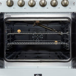 Forno Galiano 30-inch French Door Gas Range White with Antique Brass Design, 5 Burners, 68,000 BTU, 4.32 cu.ft. Convection Oven - BonPrix Électroménagers
