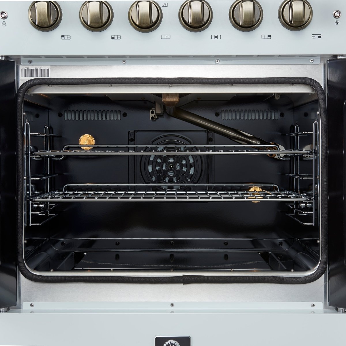 Forno Galiano 30-inch French Door Gas Range White with Antique Brass Design, 5 Burners, 68,000 BTU, 4.32 cu.ft. Convection Oven - BonPrix Électroménagers