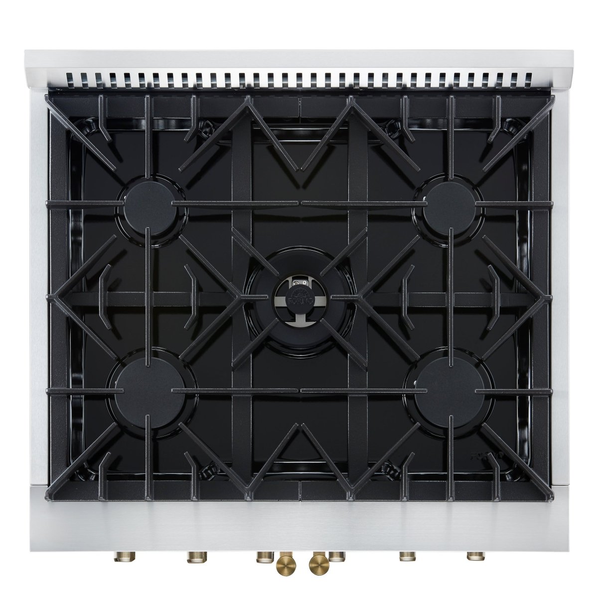 Forno Galiano 30-inch French Door Gas Range White with Antique Brass Design, 5 Burners, 68,000 BTU, 4.32 cu.ft. Convection Oven - BonPrix Électroménagers