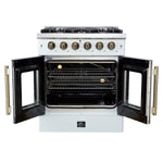 Forno Galiano 30-inch French Door Gas Range White with Antique Brass Design, 5 Burners, 68,000 BTU, 4.32 cu.ft. Convection Oven - BonPrix Électroménagers