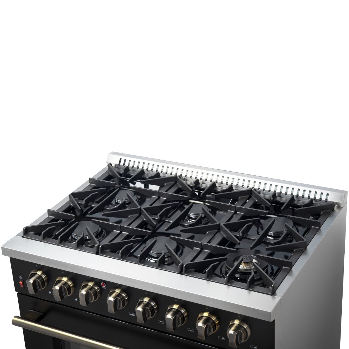 Forno Galiano 36-inch Dual Fuel Range in Black & Antique Brass Design, 6 Sealed Burners 83,000 BTU, 5.36 cu.ft. True Convection Oven - BonPrix Électroménagers
