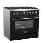Forno Galiano 36-inch Dual Fuel Range in Black & Antique Brass Design, 6 Sealed Burners 83,000 BTU, 5.36 cu.ft. True Convection Oven - BonPrix Électroménagers