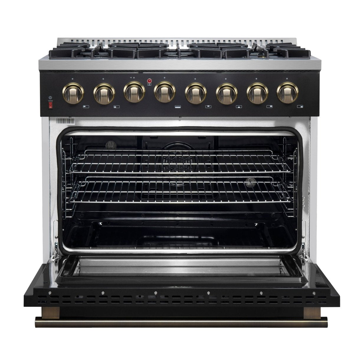 Forno Galiano 36-inch Dual Fuel Range in Black & Antique Brass Design, 6 Sealed Burners 83,000 BTU, 5.36 cu.ft. True Convection Oven - BonPrix Électroménagers